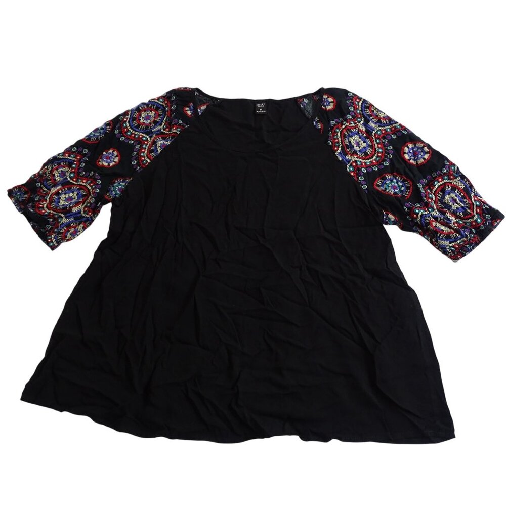 Emery Rose Black Tunic Top Women Size XL Colorful Printed Short Sleeves Boho